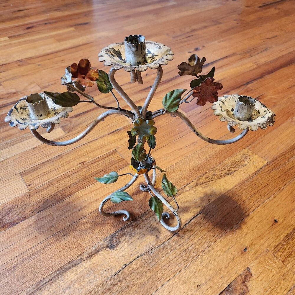 Vintage Italian Toleware 3-Arm Metal Candle Holder With Hand-Painted Floral Leaf